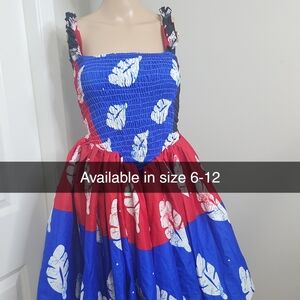 Smocked Blue & Red Floral Casual Dress for Girls
